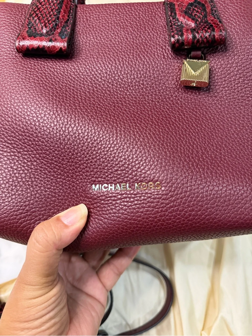 Michael Kors Rollins Small Snake-Embossed Leather Satchel Color Oxblood Burgundy